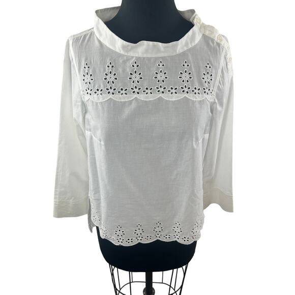 J.Crew White Tunic Top Cotton Scalloped Eyelet Funnel Neck High Low Hem Size 2 - Picture 1 of 14